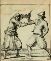 An illustration from Klare onderrichtinge der voortreffelijcke worstel-konst : verhandelende hoemen in alle voorvallen van twist in handtgemeenschap, sich kan hoeden : en alle aengrepen, borst-stooten, vuyst-slagen &c. versetten ... (1674)