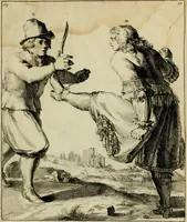 An illustration from Klare onderrichtinge der voortreffelijcke worstel-konst : verhandelende hoemen in alle voorvallen van twist in handtgemeenschap, sich kan hoeden : en alle aengrepen, borst-stooten, vuyst-slagen &c. versetten ... (1674)