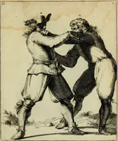 An illustration from Klare onderrichtinge der voortreffelijcke worstel-konst : verhandelende hoemen in alle voorvallen van twist in handtgemeenschap, sich kan hoeden : en alle aengrepen, borst-stooten, vuyst-slagen &c. versetten ... (1674)
