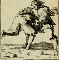 An illustration from Klare onderrichtinge der voortreffelijcke worstel-konst : verhandelende hoemen in alle voorvallen van twist in handtgemeenschap, sich kan hoeden : en alle aengrepen, borst-stooten, vuyst-slagen &c. versetten ... (1674)