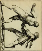 An illustration from Klare onderrichtinge der voortreffelijcke worstel-konst : verhandelende hoemen in alle voorvallen van twist in handtgemeenschap, sich kan hoeden : en alle aengrepen, borst-stooten, vuyst-slagen &c. versetten ... (1674)