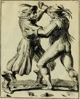 An illustration from Klare onderrichtinge der voortreffelijcke worstel-konst : verhandelende hoemen in alle voorvallen van twist in handtgemeenschap, sich kan hoeden : en alle aengrepen, borst-stooten, vuyst-slagen &c. versetten ... (1674)