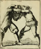 An illustration from Klare onderrichtinge der voortreffelijcke worstel-konst : verhandelende hoemen in alle voorvallen van twist in handtgemeenschap, sich kan hoeden : en alle aengrepen, borst-stooten, vuyst-slagen &c. versetten ... (1674)