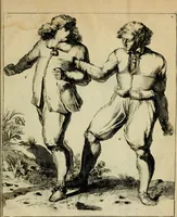 An illustration from Klare onderrichtinge der voortreffelijcke worstel-konst : verhandelende hoemen in alle voorvallen van twist in handtgemeenschap, sich kan hoeden : en alle aengrepen, borst-stooten, vuyst-slagen &c. versetten ... (1674)