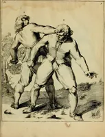 An illustration from Klare onderrichtinge der voortreffelijcke worstel-konst : verhandelende hoemen in alle voorvallen van twist in handtgemeenschap, sich kan hoeden : en alle aengrepen, borst-stooten, vuyst-slagen &c. versetten ... (1674)