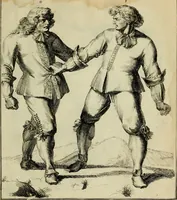 An illustration from Klare onderrichtinge der voortreffelijcke worstel-konst : verhandelende hoemen in alle voorvallen van twist in handtgemeenschap, sich kan hoeden : en alle aengrepen, borst-stooten, vuyst-slagen &c. versetten ... (1674)