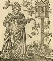 An illustration from Kunstbüchlin : Darinnen neben Fürbildung vieler, geistlicher vnnd weltlicher, hohes vnd niderstands Personen, so dann auch der Türkischen Käyser derselben obersten allerhandt kunstreiche Stück vnnd Figuren : auch die sieben Planeten, zehen alter Rittmeister vnnd Befelchshaber, Reutern vnd Contrafactur der Pferde, allerlen Thurnier, Fechten vnd dann erliche Helm vnd Helmdecken begriffen : Alles auff das zierlicht vnd künstlichst gerissen (1599)