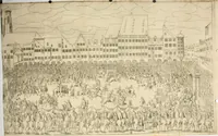 An illustration from Kurtze doch gegründte Beschreibung des durchleuchtigen hochgebornnen Fürsten vnnd Herzen, Herzen Wilhalmen,: Pfaltzgrauen bey Rhein, Hertzogen inn Obern vnd Nidern Baiern, &c. vnd derselbe, geliebsten Gemahel, der deuchtleuchtigist hochgebornnen Fürstin, Frewlein Renata gebornne Hertzogin zu Lottringen vnd Parr, &c. gehalten Hochzeitlichen Ehren Fests. Auch welcher gestalt die...Potentaten...enschinen. Vnd dann was für herrliche Ritterspil...Neben andern...kurtzweilen...in der Fürstlichen Haubstat München gehalten worden sein, den zwenvndzwaintzigisten vnd nachuolgende tag Februarij, Jm 1568. Jar (1568)