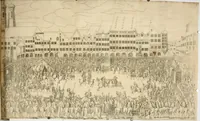 An illustration from Kurtze doch gegründte Beschreibung des durchleuchtigen hochgebornnen Fürsten vnnd Herzen, Herzen Wilhalmen,: Pfaltzgrauen bey Rhein, Hertzogen inn Obern vnd Nidern Baiern, &c. vnd derselbe, geliebsten Gemahel, der deuchtleuchtigist hochgebornnen Fürstin, Frewlein Renata gebornne Hertzogin zu Lottringen vnd Parr, &c. gehalten Hochzeitlichen Ehren Fests. Auch welcher gestalt die...Potentaten...enschinen. Vnd dann was für herrliche Ritterspil...Neben andern...kurtzweilen...in der Fürstlichen Haubstat München gehalten worden sein, den zwenvndzwaintzigisten vnd nachuolgende tag Februarij, Jm 1568. Jar (1568)