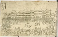 An illustration from Kurtze doch gegründte Beschreibung des durchleuchtigen hochgebornnen Fürsten vnnd Herzen, Herzen Wilhalmen,: Pfaltzgrauen bey Rhein, Hertzogen inn Obern vnd Nidern Baiern, &c. vnd derselbe, geliebsten Gemahel, der deuchtleuchtigist hochgebornnen Fürstin, Frewlein Renata gebornne Hertzogin zu Lottringen vnd Parr, &c. gehalten Hochzeitlichen Ehren Fests. Auch welcher gestalt die...Potentaten...enschinen. Vnd dann was für herrliche Ritterspil...Neben andern...kurtzweilen...in der Fürstlichen Haubstat München gehalten worden sein, den zwenvndzwaintzigisten vnd nachuolgende tag Februarij, Jm 1568. Jar (1568)