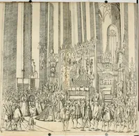 An illustration from Kurtze doch gegründte Beschreibung des durchleuchtigen hochgebornnen Fürsten vnnd Herzen, Herzen Wilhalmen,: Pfaltzgrauen bey Rhein, Hertzogen inn Obern vnd Nidern Baiern, &c. vnd derselbe, geliebsten Gemahel, der deuchtleuchtigist hochgebornnen Fürstin, Frewlein Renata gebornne Hertzogin zu Lottringen vnd Parr, &c. gehalten Hochzeitlichen Ehren Fests. Auch welcher gestalt die...Potentaten...enschinen. Vnd dann was für herrliche Ritterspil...Neben andern...kurtzweilen...in der Fürstlichen Haubstat München gehalten worden sein, den zwenvndzwaintzigisten vnd nachuolgende tag Februarij, Jm 1568. Jar (1568)