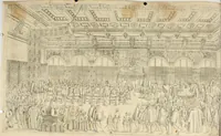 An illustration from Kurtze doch gegründte Beschreibung des durchleuchtigen hochgebornnen Fürsten vnnd Herzen, Herzen Wilhalmen,: Pfaltzgrauen bey Rhein, Hertzogen inn Obern vnd Nidern Baiern, &c. vnd derselbe, geliebsten Gemahel, der deuchtleuchtigist hochgebornnen Fürstin, Frewlein Renata gebornne Hertzogin zu Lottringen vnd Parr, &c. gehalten Hochzeitlichen Ehren Fests. Auch welcher gestalt die...Potentaten...enschinen. Vnd dann was für herrliche Ritterspil...Neben andern...kurtzweilen...in der Fürstlichen Haubstat München gehalten worden sein, den zwenvndzwaintzigisten vnd nachuolgende tag Februarij, Jm 1568. Jar (1568)