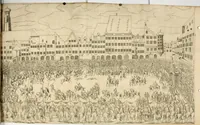 An illustration from Kurtze doch gegründte Beschreibung des durchleuchtigen hochgebornnen Fürsten vnnd Herzen, Herzen Wilhalmen,: Pfaltzgrauen bey Rhein, Hertzogen inn Obern vnd Nidern Baiern, &c. vnd derselbe, geliebsten Gemahel, der deuchtleuchtigist hochgebornnen Fürstin, Frewlein Renata gebornne Hertzogin zu Lottringen vnd Parr, &c. gehalten Hochzeitlichen Ehren Fests. Auch welcher gestalt die...Potentaten...enschinen. Vnd dann was für herrliche Ritterspil...Neben andern...kurtzweilen...in der Fürstlichen Haubstat München gehalten worden sein, den zwenvndzwaintzigisten vnd nachuolgende tag Februarij, Jm 1568. Jar (1568)