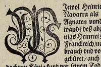 An illustration from Kurtze Erzehlung wie Heinricus, König von Navarra, von seiner vorigen Bekentnuss abgestanden, sich zu der Catholischen Römischen Kirchen und Religion begeben, und darauff zum König in Franckreich mit gewönlicher Solennitet, zu S. Dioniss durch den Cardinal Vendosme, und den Ertzbischoff von Burges gesalbetworden. (1593)