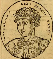 An illustration from La chronique des roys de France, puis Pharamond iusques au roy Henry, troisiesme, selon la computation des ans, iusques en l'an mil cinq cens soixante & quinze : Le catalogue des papes, puis S. Pierre iusques à Gregoire, treiziesme du nom. Le Catalogue des empereurs, puis Octouian Cesar iusques à Maximilian, present (1576)