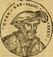 An illustration from La chronique des roys de France, puis Pharamond iusques au roy Henry, troisiesme, selon la computation des ans, iusques en l'an mil cinq cens soixante & quinze : Le catalogue des papes, puis S. Pierre iusques à Gregoire, treiziesme du nom. Le Catalogue des empereurs, puis Octouian Cesar iusques à Maximilian, present (1576)