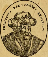 An illustration from La chronique des roys de France, puis Pharamond iusques au roy Henry, troisiesme, selon la computation des ans, iusques en l'an mil cinq cens soixante & quinze : Le catalogue des papes, puis S. Pierre iusques à Gregoire, treiziesme du nom. Le Catalogue des empereurs, puis Octouian Cesar iusques à Maximilian, present (1576)