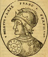 An illustration from La chronique des roys de France, puis Pharamond iusques au roy Henry, troisiesme, selon la computation des ans, iusques en l'an mil cinq cens soixante & quinze : Le catalogue des papes, puis S. Pierre iusques à Gregoire, treiziesme du nom. Le Catalogue des empereurs, puis Octouian Cesar iusques à Maximilian, present (1576)