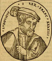 An illustration from La chronique des roys de France, puis Pharamond iusques au roy Henry, troisiesme, selon la computation des ans, iusques en l'an mil cinq cens soixante & quinze : Le catalogue des papes, puis S. Pierre iusques à Gregoire, treiziesme du nom. Le Catalogue des empereurs, puis Octouian Cesar iusques à Maximilian, present (1576)
