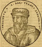 An illustration from La chronique des roys de France, puis Pharamond iusques au roy Henry, troisiesme, selon la computation des ans, iusques en l'an mil cinq cens soixante & quinze : Le catalogue des papes, puis S. Pierre iusques à Gregoire, treiziesme du nom. Le Catalogue des empereurs, puis Octouian Cesar iusques à Maximilian, present (1576)