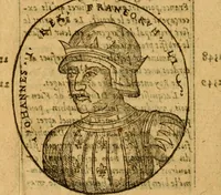 An illustration from La chronique des roys de France, puis Pharamond iusques au roy Henry, troisiesme, selon la computation des ans, iusques en l'an mil cinq cens soixante & quinze : Le catalogue des papes, puis S. Pierre iusques à Gregoire, treiziesme du nom. Le Catalogue des empereurs, puis Octouian Cesar iusques à Maximilian, present (1576)