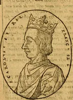 An illustration from La chronique des roys de France, puis Pharamond iusques au roy Henry, troisiesme, selon la computation des ans, iusques en l'an mil cinq cens soixante & quinze : Le catalogue des papes, puis S. Pierre iusques à Gregoire, treiziesme du nom. Le Catalogue des empereurs, puis Octouian Cesar iusques à Maximilian, present (1576)
