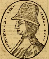 An illustration from La chronique des roys de France, puis Pharamond iusques au roy Henry, troisiesme, selon la computation des ans, iusques en l'an mil cinq cens soixante & quinze : Le catalogue des papes, puis S. Pierre iusques à Gregoire, treiziesme du nom. Le Catalogue des empereurs, puis Octouian Cesar iusques à Maximilian, present (1576)