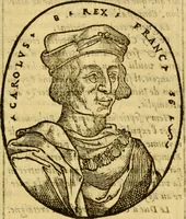 An illustration from La chronique des roys de France, puis Pharamond iusques au roy Henry, troisiesme, selon la computation des ans, iusques en l'an mil cinq cens soixante & quinze : Le catalogue des papes, puis S. Pierre iusques à Gregoire, treiziesme du nom. Le Catalogue des empereurs, puis Octouian Cesar iusques à Maximilian, present (1576)