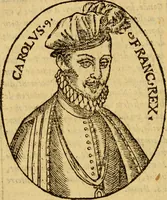 An illustration from La chronique des roys de France, puis Pharamond iusques au roy Henry, troisiesme, selon la computation des ans, iusques en l'an mil cinq cens soixante & quinze : Le catalogue des papes, puis S. Pierre iusques à Gregoire, treiziesme du nom. Le Catalogue des empereurs, puis Octouian Cesar iusques à Maximilian, present (1576)