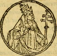 An illustration from La chronique des roys de France, puis Pharamond iusques au roy Henry, troisiesme, selon la computation des ans, iusques en l'an mil cinq cens soixante & quinze : Le catalogue des papes, puis S. Pierre iusques à Gregoire, treiziesme du nom. Le Catalogue des empereurs, puis Octouian Cesar iusques à Maximilian, present (1576)