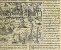 An illustration from La cosmographie vniuerselle de tout le monde. : En laquelle, suiuant les auteurs plus dignes de foy, sont au vray descriptes toutes les parties habitables, & non habitables de la terre, & de la mer, leurs assiettes & choses qu'elles produisent ... auec plusieurs autres choses, le sommaire desquelles se void en la page suiuante. (1575)