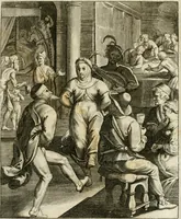 An illustration from La doctrine des murs, tiree de la philosophie des stoiques, representee en cent tableaux et expliquee en cent discours pour l'instruction de la ieunesse (1646)