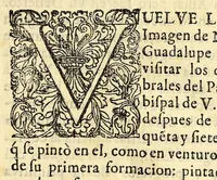 An illustration from La estrella de el norte de Mexico, : aparecida al rayar el dia de la luz evangelica en este Nuevo-Mundo, en la cumbre de el cerro de Tepeyacac orilla del mar Tezcucano, à vn natural recien convertido; pintada tres dias despues milagrosamente en su tilma, ò capa de lienço delante del obispo, y de su familia, en su casa obispal: para luz en la fè à los indios; para rumbo cierto à los españoles en la virtud; para serenidad de las tempestuosas innundaciones de la laguna. En la historia de la milagrosa imagen de N. Señora de Guadalupe de Mexico, que se apareciò en la manta de Juan Diego. (1688)
