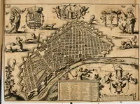 An illustration from La estrella de Lima convertida en sol sobre sus tres coronas, el b. Toribio Alfonso Mogrobexo, su segundo arzobispo: celebrado con epitalamios sacros y solemnes cultos, por su esposa la Santa Iglesia Metropolitana de Lima , al activo y soberano influxo del exmo. e illmo. señor doct. d. Melchor de Liñan y Cisneros ... : descripcion sacro politica de las grandezas de la ciudad de Lima, y compendio historico eclesiastico de su Santa Iglesia Metropolitana (1688)
