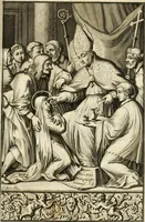 An illustration from La estrella de Lima convertida en sol sobre sus tres coronas, el b. Toribio Alfonso Mogrobexo, su segundo arzobispo: celebrado con epitalamios sacros y solemnes cultos, por su esposa la Santa Iglesia Metropolitana de Lima , al activo y soberano influxo del exmo. e illmo. señor doct. d. Melchor de Liñan y Cisneros ... : descripcion sacro politica de las grandezas de la ciudad de Lima, y compendio historico eclesiastico de su Santa Iglesia Metropolitana (1688)