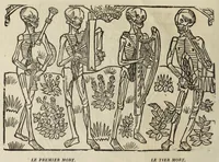 An illustration from La grande danse Macabre des hommes et des femmes : précédée du dict des trois mors et dfs trois vifz, du Débat du corps et de l'âme, et de La complaincte de l'ame dampnée (1862)