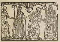 An illustration from La grande danse Macabre des hommes et des femmes : précédée du dict des trois mors et dfs trois vifz, du Débat du corps et de l'âme, et de La complaincte de l'ame dampnée (1862)
