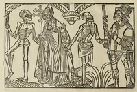 An illustration from La grande danse Macabre des hommes et des femmes : précédée du dict des trois mors et dfs trois vifz, du Débat du corps et de l'âme, et de La complaincte de l'ame dampnée (1862)