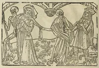An illustration from La grande danse Macabre des hommes et des femmes : précédée du dict des trois mors et dfs trois vifz, du Débat du corps et de l'âme, et de La complaincte de l'ame dampnée (1862)