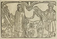 An illustration from La grande danse Macabre des hommes et des femmes : précédée du dict des trois mors et dfs trois vifz, du Débat du corps et de l'âme, et de La complaincte de l'ame dampnée (1862)
