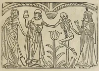 An illustration from La grande danse Macabre des hommes et des femmes : précédée du dict des trois mors et dfs trois vifz, du Débat du corps et de l'âme, et de La complaincte de l'ame dampnée (1862)