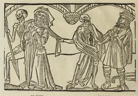 An illustration from La grande danse Macabre des hommes et des femmes : précédée du dict des trois mors et dfs trois vifz, du Débat du corps et de l'âme, et de La complaincte de l'ame dampnée (1862)