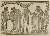 An illustration from La grande danse Macabre des hommes et des femmes : précédée du dict des trois mors et dfs trois vifz, du Débat du corps et de l'âme, et de La complaincte de l'ame dampnée (1862)