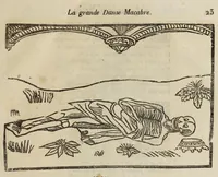 An illustration from La grande danse Macabre des hommes et des femmes : précédée du dict des trois mors et dfs trois vifz, du Débat du corps et de l'âme, et de La complaincte de l'ame dampnée (1862)