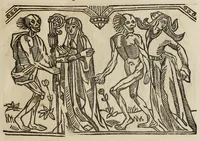An illustration from La grande danse Macabre des hommes et des femmes : précédée du dict des trois mors et dfs trois vifz, du Débat du corps et de l'âme, et de La complaincte de l'ame dampnée (1862)