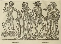 An illustration from La grande danse Macabre des hommes et des femmes : précédée du dict des trois mors et dfs trois vifz, du Débat du corps et de l'âme, et de La complaincte de l'ame dampnée (1862)