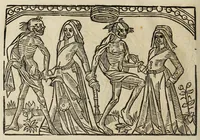 An illustration from La grande danse Macabre des hommes et des femmes : précédée du dict des trois mors et dfs trois vifz, du Débat du corps et de l'âme, et de La complaincte de l'ame dampnée (1862)