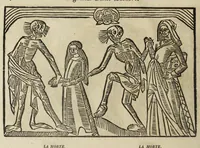 Picture 20 of 35 from La grande danse Macabre des hommes et des femmes : précédée du dict des trois mors et dfs trois vifz, du Débat du corps et de l'âme, et de La complaincte de l'ame dampnée (1862), leaf 42