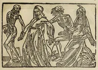 An illustration from La grande danse Macabre des hommes et des femmes : précédée du dict des trois mors et dfs trois vifz, du Débat du corps et de l'âme, et de La complaincte de l'ame dampnée (1862)