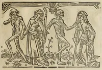 An illustration from La grande danse Macabre des hommes et des femmes : précédée du dict des trois mors et dfs trois vifz, du Débat du corps et de l'âme, et de La complaincte de l'ame dampnée (1862)